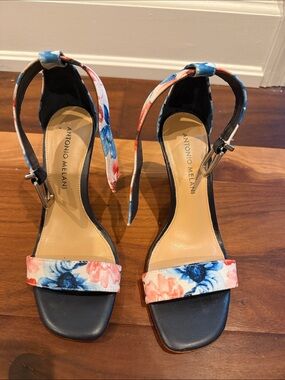ANTONIO MELANI Navy and Coral Floral Ankle-Strap Heels